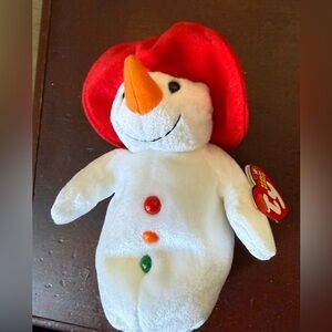 Ty Beanie Baby Chillin the Snowman Plush Toy with Red Hat and Colorful Buttons
